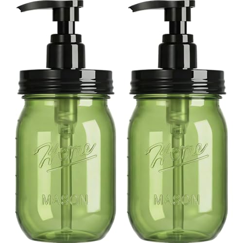 Amolliar Plastic Mason Jar Soap Dispenser with Pump Lid,16OZ Refillable Hand Soap Dispenser Set with Cute Lables - Farmhouse Decor for Kitchen Bathroom, Liquid Soap, Dish Soap, Lotion (2 Pack, Green)