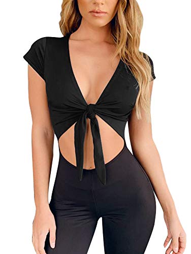 LCNBA Deep V Neck Short Sleeve Crop Top,Bandage Cross Wrap Tie Up Crop Tops2