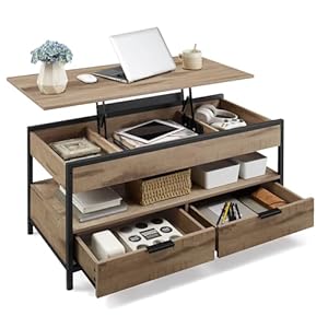 VASAGLE Couchtisch, höhenverstellbarer Wohnzimmertisch, Kaffeetisch, mit Schubladen, offenes Fach, 50 x 100 cm, Kamelbraun-tintenschwarz LCT209K02