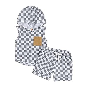 Toddler Baby Boy Summer Clothes Checkerboard Plaid Short Sleeve Hoodie Tops+Casual Shorts Set Cute Infant Outfit