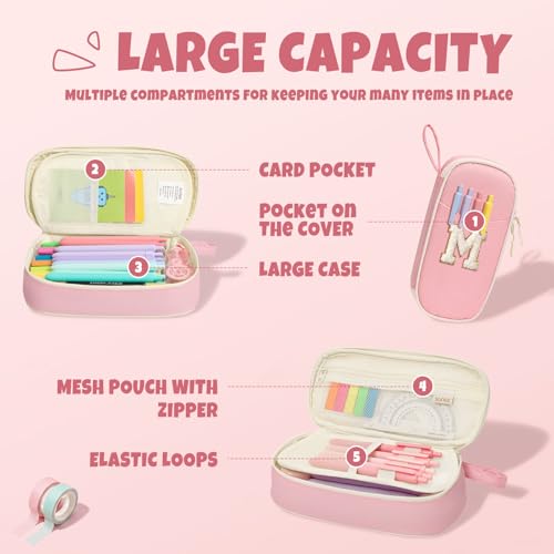 Image of SUNEE Cute Pencil Case, Kawaii Big Capacity Pencil Pouch, Personalized Initial Pencil Bag with Zipper, Stationery Storage and Organizer, Back to School Supplies, Pen Box for Girls & Boys, Teen, M-Pink