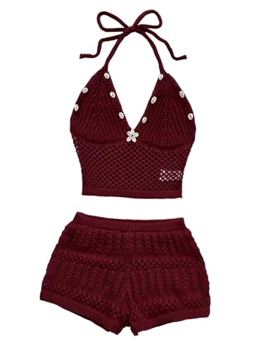 WDIRARA Womens 2 Piece Vacation Outfits Crochet Knit Halter Top Mini Shorts Set Rusty Rose Medium