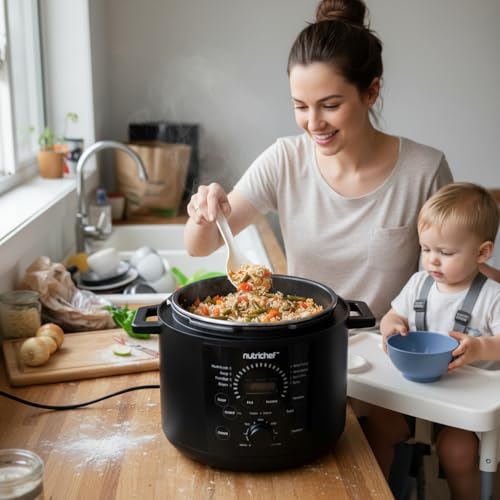 NutriChef Electric Pressure Cooker 6 Quart Capacity | 9 Function Digital Countertop Pressure Cooker | Adjustable Time & Temperature | Cook, Bake, Steam, Broil, & Braise | 13.1 x 11.4 IN | Black by NutriChef - Image 4