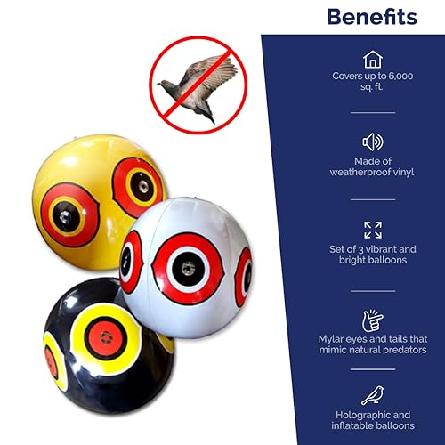 Bird-X Scare-Eye Balloons, Predator 3D Eye Balloons with Glaring, Bright Colors, Cover up to 6,000 sq. ft. Area, Pack of 3, Yellow, White, and Black