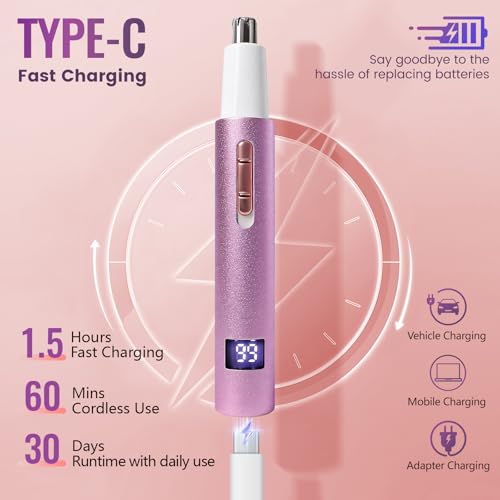 Image of Nose & Ear Hair Trimmer for Women and Men, 2026 Painless USB Rechargeable Facial & Eyebrow Trimmer Clipper with LED Display for Easy Cleansing, Portable Grooming Kit,Gift Box Included (Pink)