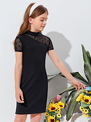 Soly Hux Girl's Contrast Mesh Sheer Short Sleeve Mock Neck Ribbed Knit Pencil Dress Black 11-12Y #TOP3