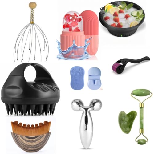 9 PCS Face, Scalp & Beauty Care Combo Kit | Ice Roller, Ice Bath Bowl, Head Massager, Scalp Brush, Face Scrubber, Derma Roller, Face Brush, 3D Roller & Jade Gua Sha Set For Men & Women