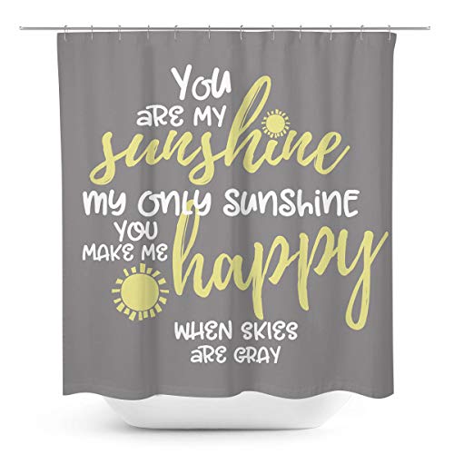 Coxila Grey and Yellow Shower Curtain You are My Sunshine Inspirational 60 x 72 Inch Polyester Fabric Waterproof 12 Pack Plastic Hooks
