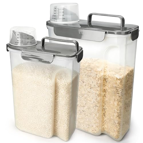 Image of Komzon Rice Storage Containers, Airtight Cereal Containers Storage, BPA Free Rice dispenser for Flour, Pasta, Grain and Baking, Pet Dog Cat Bird Food Container 20lb+ 10lb Grey