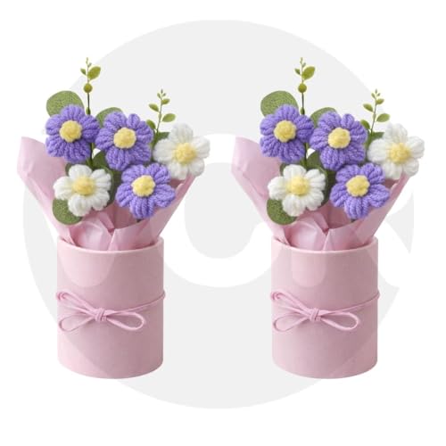 Image of VCR Handmade Light Purple Crochet Bouquet- Pack of 2 - Hand Woven Knitted Artificial Hand Knitted Bouquet Flower for Office Desk, Table, Car, Bedroom, Wedding & Special Occasions