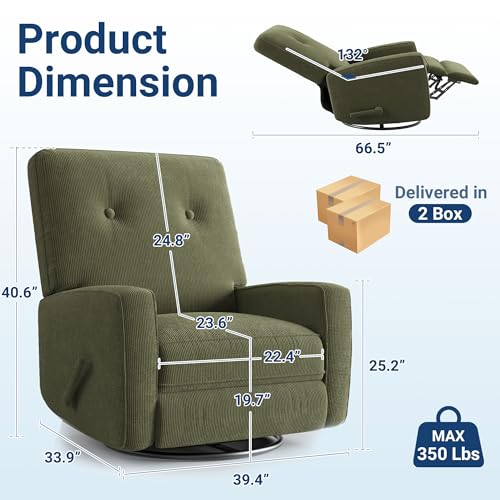 Garvee Nursery Recliner Chair, 360° Swivel Rocking Glider Chair for Adults with Adjustable Backrest & Footrest, Cozy Corduroy Upholstered Armchair for Living Rooms, Bedrooms, Apartments, Green - Image 3