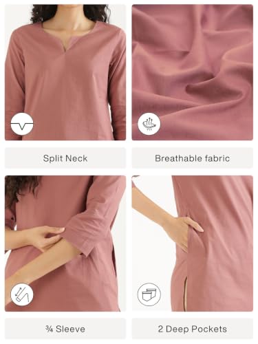Image of SAADAA Airy Linen Mid Thigh Length Kurta for Women | Stylish Split Neck, 3 /4 Sleeves & Side Pockets | Comfortable Everyday Wear Kurta | Breathable Fabric |