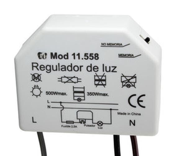 Regulador de luz de cajetín 350W, control de intensidad y ahorro energético, ideal para ambientes ajustables y mejora del confort.