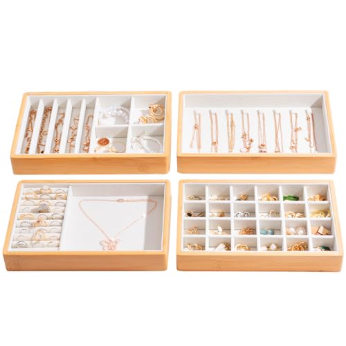 ProCase 4-Set Bamboo Stackable Jewelry Organizer Tray, Jewelry Drawer Inserts Container Display Case Storage for Earring Necklace Rings Bracelet with Removable Dividers -Warmwhite