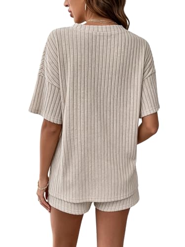 Image of MakeMeChic Women's Maternity 2 Piece Outfits Summer Short Sleeve Rib Knit Tee Top and Short Lounge Sets Clothes