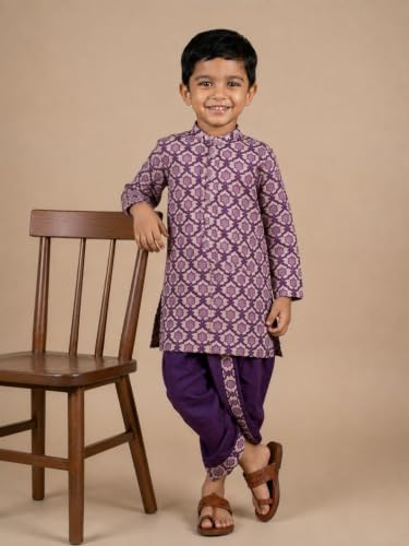 Image of The Mom Store Baby /Kids Boys Dhoti Kurta Set | Dhoti and Kurta | 100% Cotton | Comfortable | Ethnic | Festive Look | Block Prints | Colored Dhoti | Blue