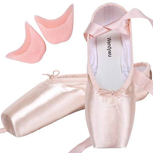 WENDYWU Professional Ballet Pointe Shoes for Kids Girl and Ladies Pink PU Soled Ballet Pointe Dance Shoes with Toe Pads (Pink,11) - Thumbnail 7
