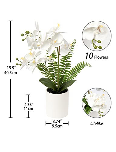 Briful Orchids Artificial Flowers 16" Small Fake Orchid White Phalaenopsis Orchid Flower Arrangements With Ceramic Vase Faux Orchid For Home Bathroom Table Centerpiece Office Wedding Decor #TOP1