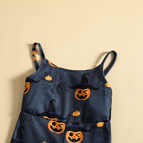 Toddler Baby Girl Floral Jumpsuits Kids Halloween Pumpkin Flower Strap One Piece Overall Romper Flare Pants Clothes (Pumpkin Black,18-24 Months) #TOP3