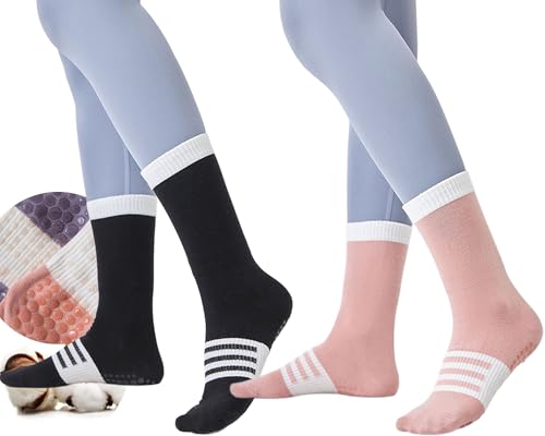 CHUNFO Womens Grip Socks Striped Colorful Pilates Yoga Non Slip Cotton Barre Dancing Ankle Socks Size5-9