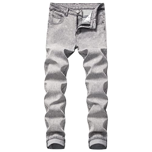 Men's Stretch Straight Leg Jeans Mid Waist Slim Fit Washed Denim Pants Vintage Distressed Skinny Jean Trousers