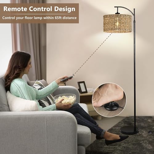 Image of Arc Floor Lamp for Living Room with Remote Control,Farmhouse Boho Floor Lamps with 3 Color Temperature,Rustic Standing Lamp with Rattan Wicker Shades,Adjustable Tall Lamp for Bedroom,Office,Reading