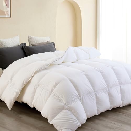 SNOWMAN Premium Down Comforter Palatial King Size, Luxurious All Season Duvet Insert with Cotton Blended Fabric, 53oz Fill Weight 3D Baffle Box Design Hotel Bedding Comforter (White,120"x98")