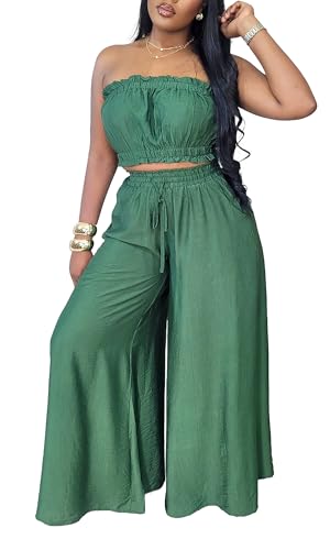 Image of Two Piece Sets for Women Summer Outfits Crop Tops and Wide Leg Pants Sets Sexy Jumpsuits Vacation Outfits with Pockets
