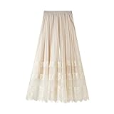 Sigdio Women Midi Skirt Elastic High Waist Lace Tulle Skirt Pleated Skirt (Beige)
