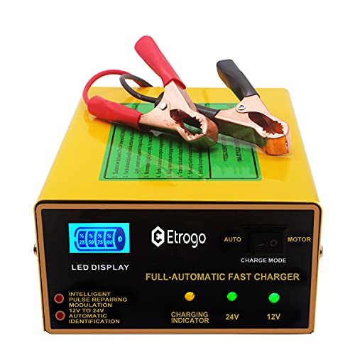 Etrogo 12V 24V Car Battery Charger 10A Intelligent Pulse Maintainer with LED Screen,UK Mains Powered,for GEL,VRLA,EFB,AGM,Flooded battery,Dry-charged battery for Car,motorcycles,trucks,buses