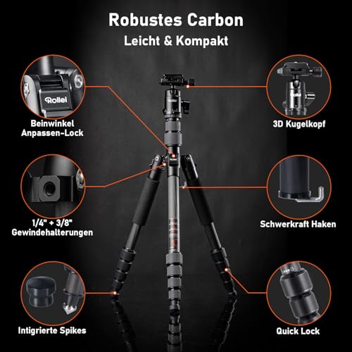 Rollei Compact Traveler No.1 Carbon Schwarz, 145cm Kamera Stativ Leichtes Reisestativ mit Kugelkopf Arca Swiss Kompatibel Kompaktes Fotostativ mit Monopod Funktion Packmaß 34cm für DSLR & Smartphone
