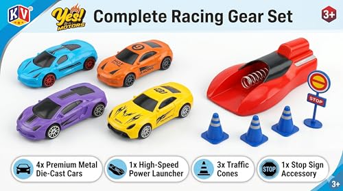 Image of Stylo Kreations Metal Car Launcher Toy Set for Kids 3+ | 4 Die-Cast Racing Cars with Spring Action Launcher, Traffic Cones & Accessories | Push & Launch Racing Car Toy Gift Set