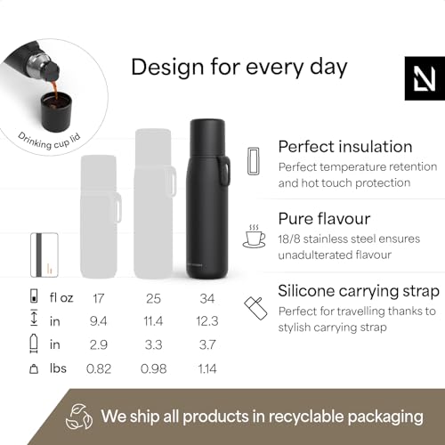 Image of LARS NYSOM Stainless Steel Thermo Water Bottle - Double Wall Insulated Water Bottle with Cup & Carry Strap, Leakproof Metal Bottle for Travel, Office & Outdoor (Carbon Black, 34oz)