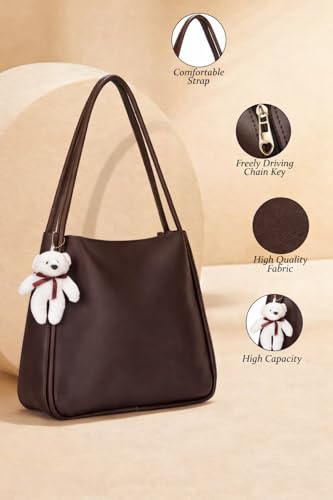 Image of SIJJEEL Women's Handbag Synthetic Leather Shoulder Bag with Bear Charm Tote One Size Women's Shoulder Bag Faux Leather Tote