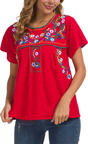 Yzxdorwj Women's Embroidered Mexican Peasant Blouse Mexico Summer Shirt Short Sleeve (L, B169Redg) #TOP4