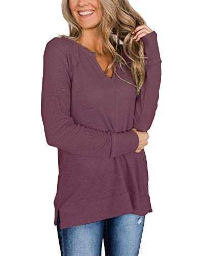 Herilios Women's Long Sleeve Waffle Knit Tunic Tops Casual V Neck Shirts Loose Fit Pullovers Burgundy