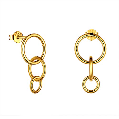 Triple Circle Dangle Drop Statement Earrings for Women Girls 925 Sterling Silver 18K Gold Plated Three Circle Hoop Earrings Infinity Drop Earrings Geometric Jewelry Best Christmas Valentine Gift FE0112Y