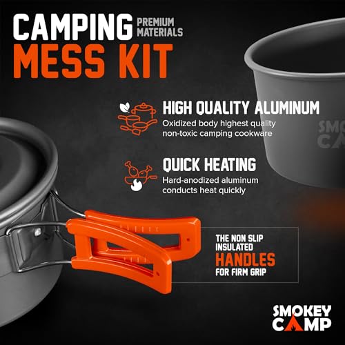 Smokey Camp 17 PCS Backpacking Pot, Pan & Kettle Set Non-Stick Lightweight Camping Mess Kit for 2, All in one Camping Cooking Set - Hiking, Picnic & Outdoor Cooking Camping Cookware Set