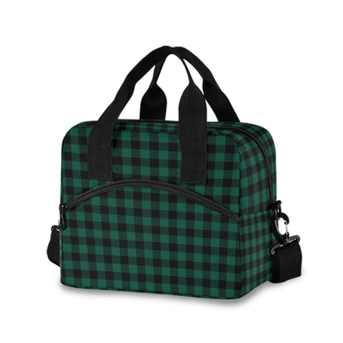 Sinestour Insulated Lunch Bag Reusable Cooler Black Green Checkered Lunch Box Adjustable Shoulder Strap for School Men Women