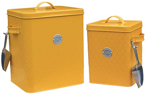 Muddy Hands Set of 2 Mustard Tin with Lid & Scoop - Storage Container for Wild Bird Seed Pet Dog Cat Animal Food