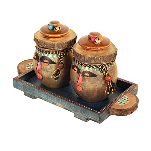 Image of AAKRITI ART CREATIONS Happy Tribals Storage Jars and Handcrafted Tray S03 | Handcrafted Abstract Art Storage Jars | Kitchen Decoration Items Stylish Tray & Jars | Kitchen Containers