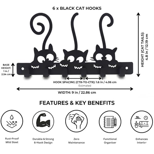 Image of Key Holder for Home Decor Stylish, Metal Cat Wall Mount with 6 Rustproof Hooks, Key Hanger for Wall, Matte Black Keys Stand, Decorative Home Organizer