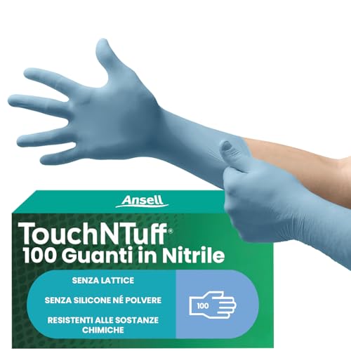Ansell TouchNTuff 92-665 Guanti Monouso in Nitrile, Senza Polvere, Alta Resistenza Chimica e Meccanica, Protezione degli Alimenti, Usi Professionali e Industriali, Blu, Taglia M (100 Guanti)