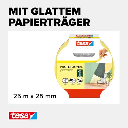 tesa Malerband Professional - Malerkrepp aus dünnem Washi-Papier zum besonders präzisen Abkleben bei Malerarbeiten - für innen und außen - 25 m x 25 mm