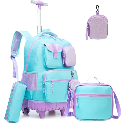 ZBAOGTW Mochila com rodinhas para meninas e crianças com rodas para ensino fundamental com lancheira, Verde liso, Personalizada ou clássica