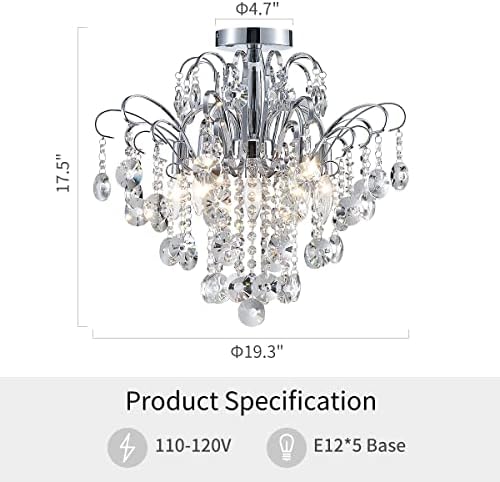 WUZUPS Crystal Chandelier Flushmount Ceiling Light Modern Lighting Fixture for Bedroom Hallway Bar Kitchen Bathroom, H 17.5'' x W 19.3'', E12 Base, Chrome