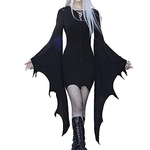 Fhuulyy Halloween Robe Vintage Femme - Noir Robe Gothique Médiévale Deguisement à Manches Longues Chauve-Souris Col V avec Cordon Croisé (Noir, XL)