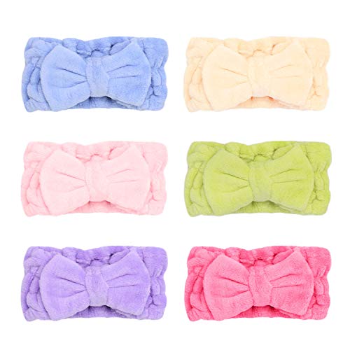 6 Pack Spa Headbands for Women Facial Makeup Coral Fleece Bow Headband for Washing Face Skincare (Set 001)