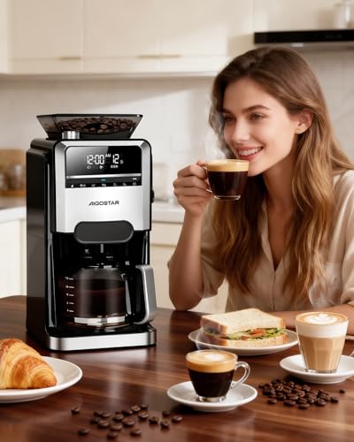 Aigostar Cafetera Goteo con Molinillo Incorporado, 1400W Maquina de Cafe, 7 Ajustes de Molienda, 3 Concentraciones, Capacidad de 1,5L (2-12 Tazas), Programable 24H con Mantenimiento de Calor, Negro - imagen 10