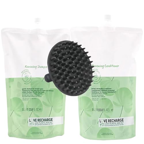 Elements Renewing Shampoo & Conditioner 1 Liter Pouch Duo Set + M Hair Designs Scalp Brush - for Healthy, Repairing, Revitalized, Nourishing Hair
